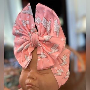 Handmade Baby Pink and Cheetah Lightening Bolt Messy HeadWrap